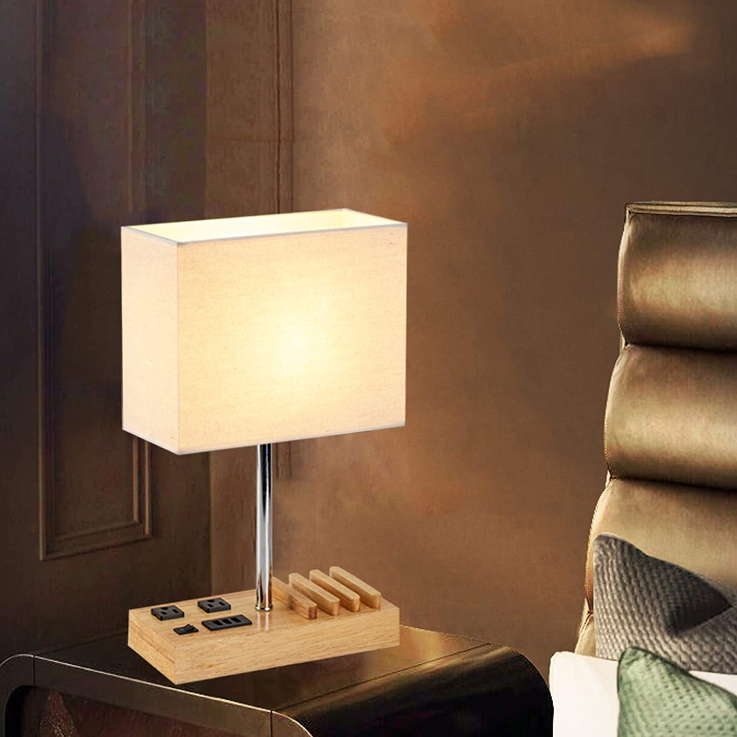 All-in-One Desk Lamp with USB Charging, AC Power, Device Holders & Natural Wooden Base for Modern Décor