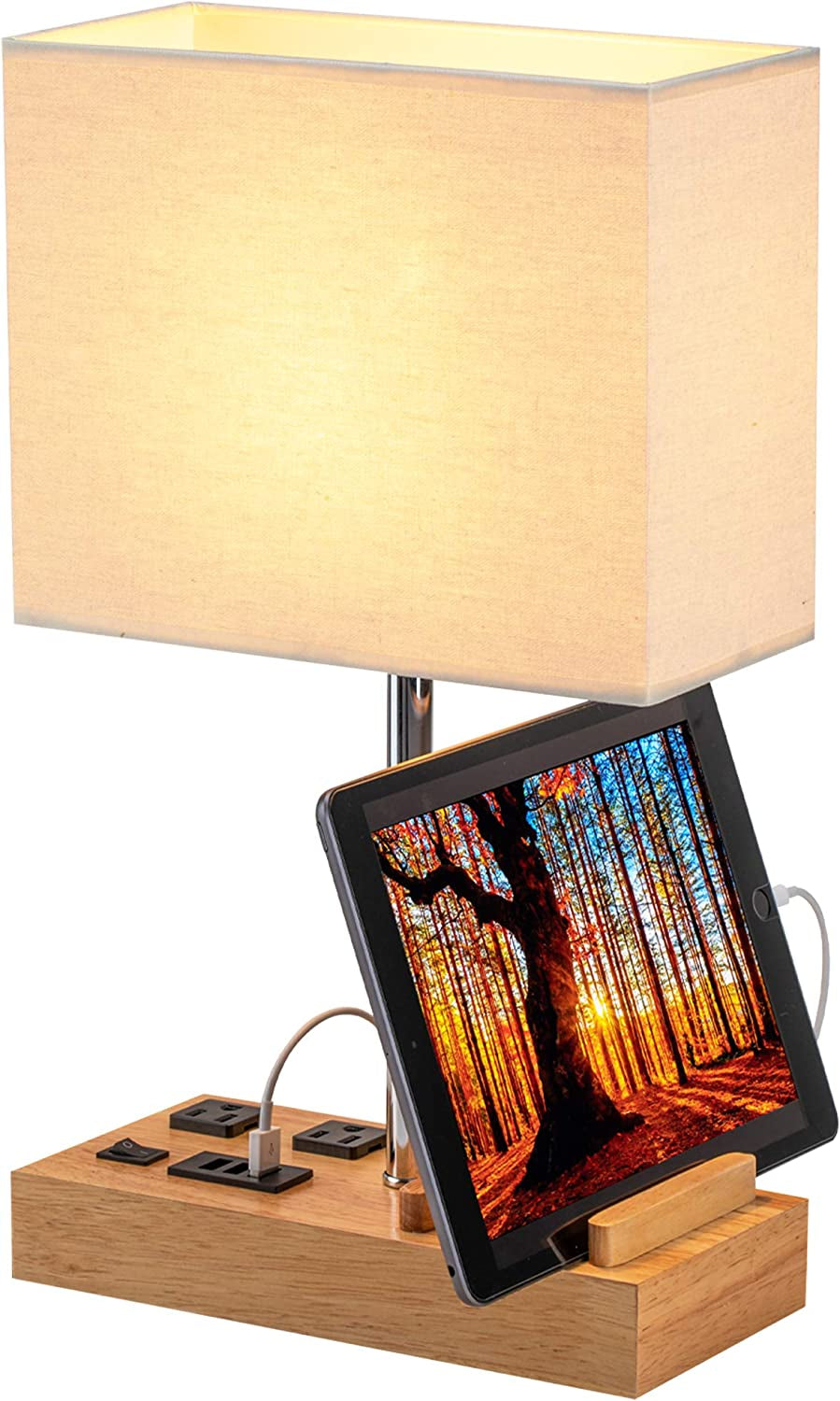 All-in-One Desk Lamp with USB Charging, AC Power, Device Holders & Natural Wooden Base for Modern Décor