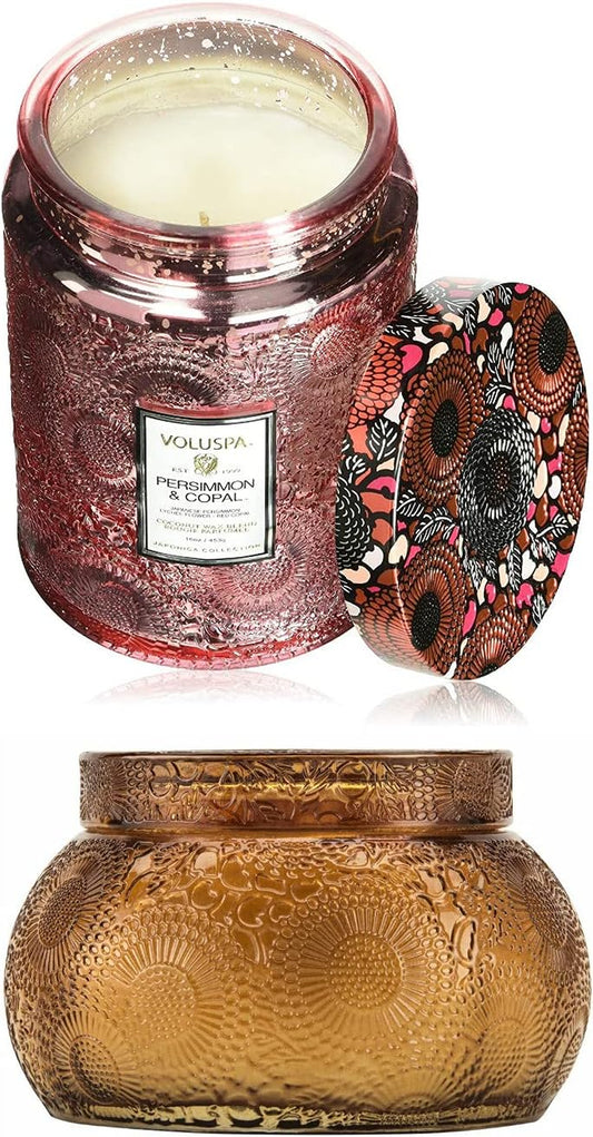 Persimmon and Copal Large Embossed Glass Jar Candle (16Oz) and Baltic Amber Embossed Glass Chawan Bowl Candle (14Oz) Bundle (2 Items)