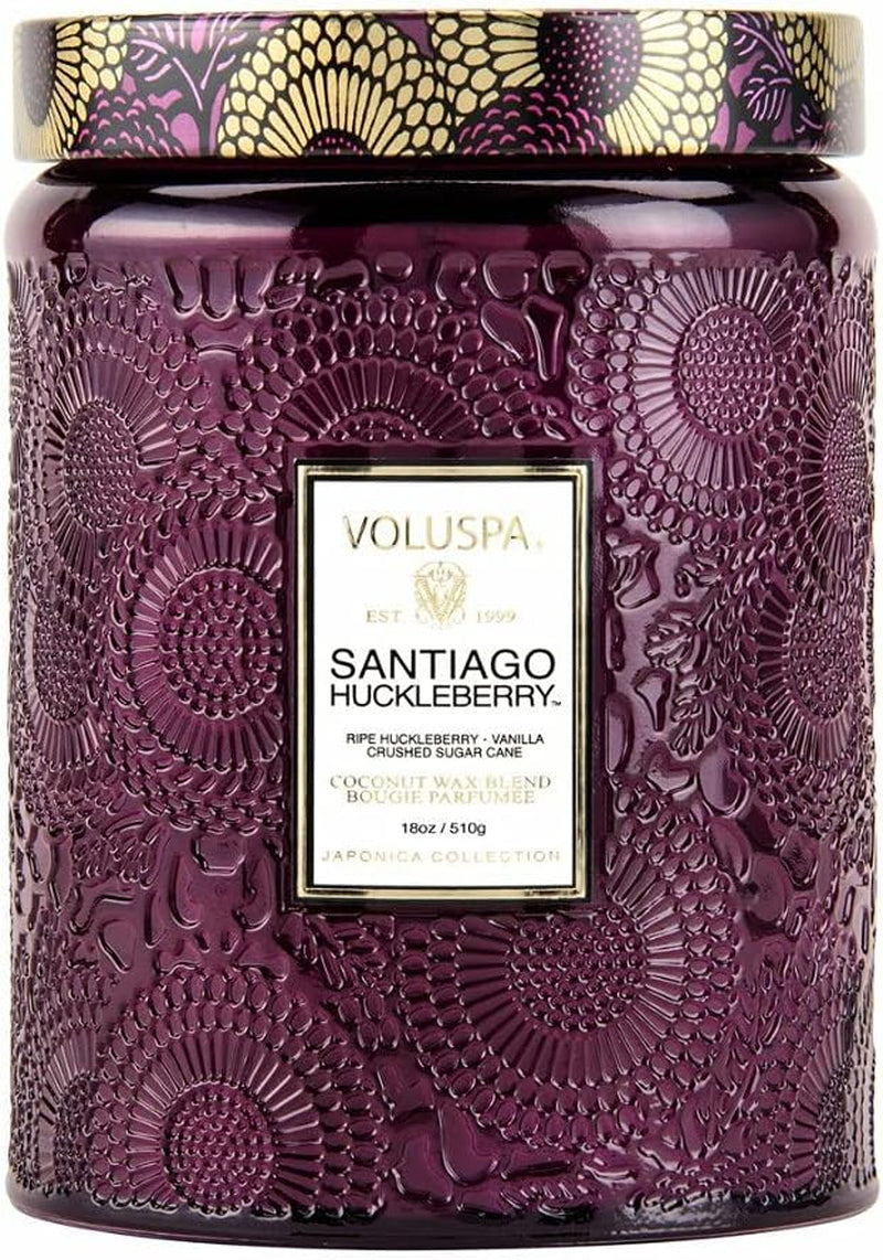 Set of 2 Voluspa Santiago Huckleberry Large Embossed Glass Jar Candle (18 oz)