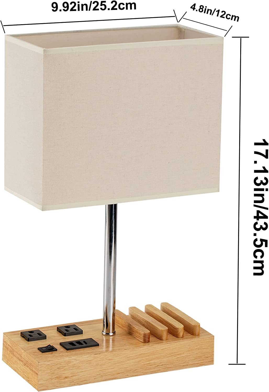 All-in-One Desk Lamp with USB Charging, AC Power, Device Holders & Natural Wooden Base for Modern Décor