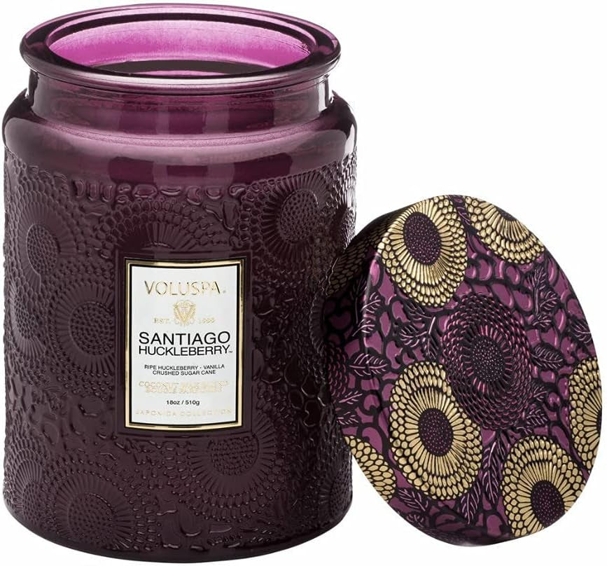 Set of 2 Voluspa Santiago Huckleberry Large Embossed Glass Jar Candle (18 oz)