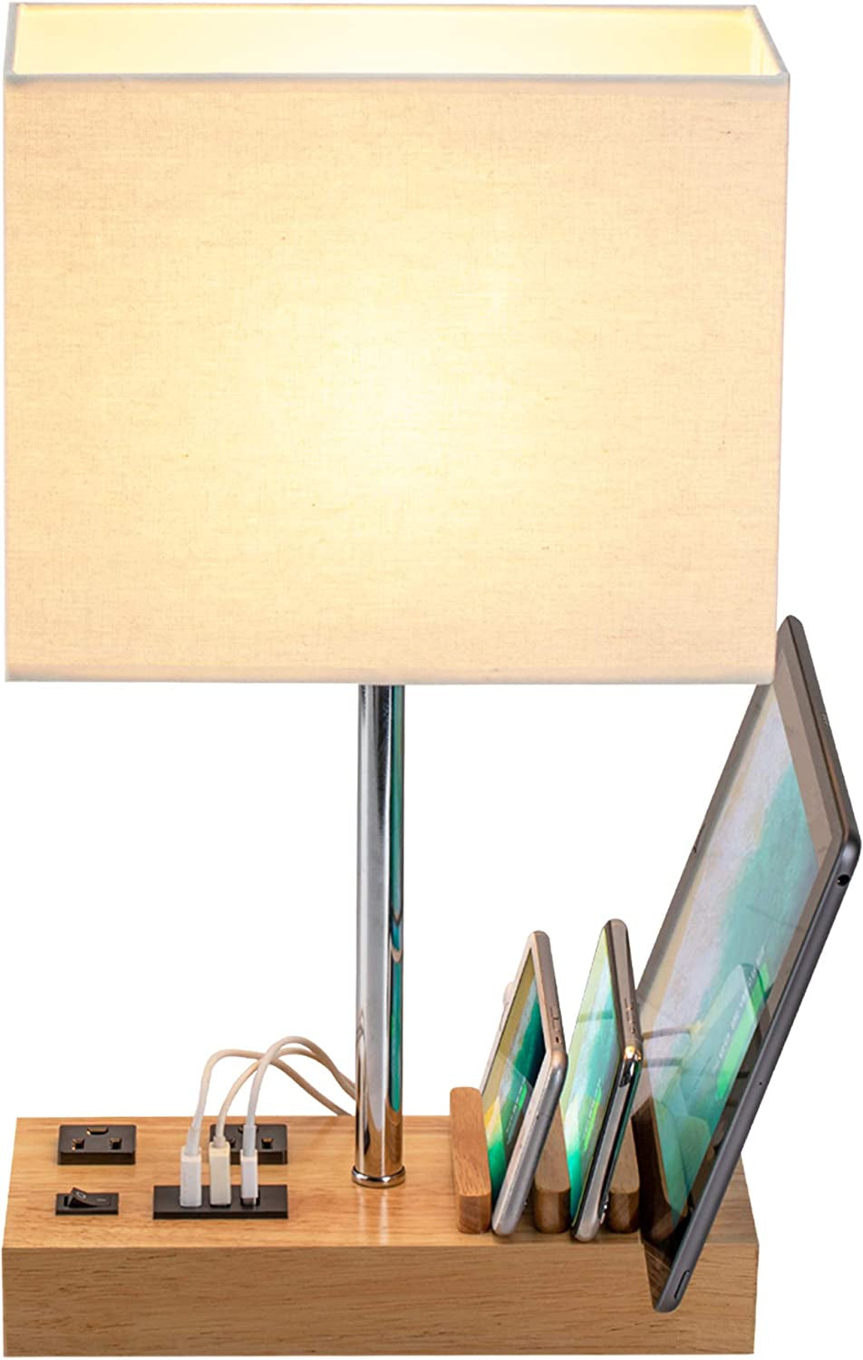 All-in-One Desk Lamp with USB Charging, AC Power, Device Holders & Natural Wooden Base for Modern Décor