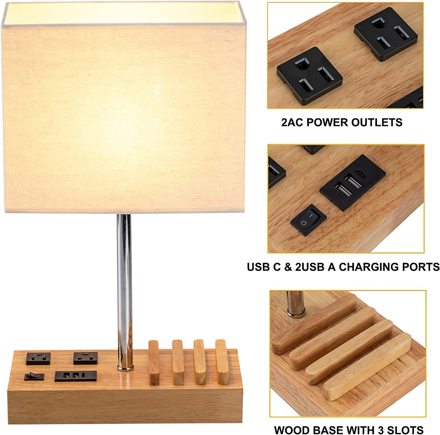 All-in-One Desk Lamp with USB Charging, AC Power, Device Holders & Natural Wooden Base for Modern Décor