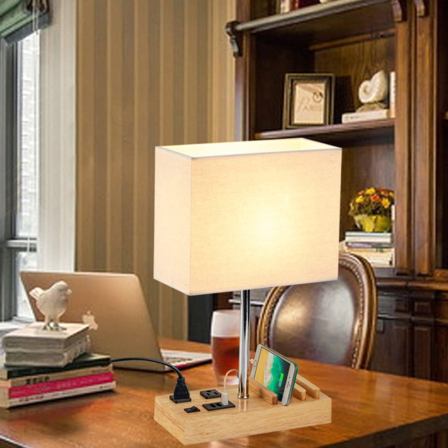 All-in-One Desk Lamp with USB Charging, AC Power, Device Holders & Natural Wooden Base for Modern Décor