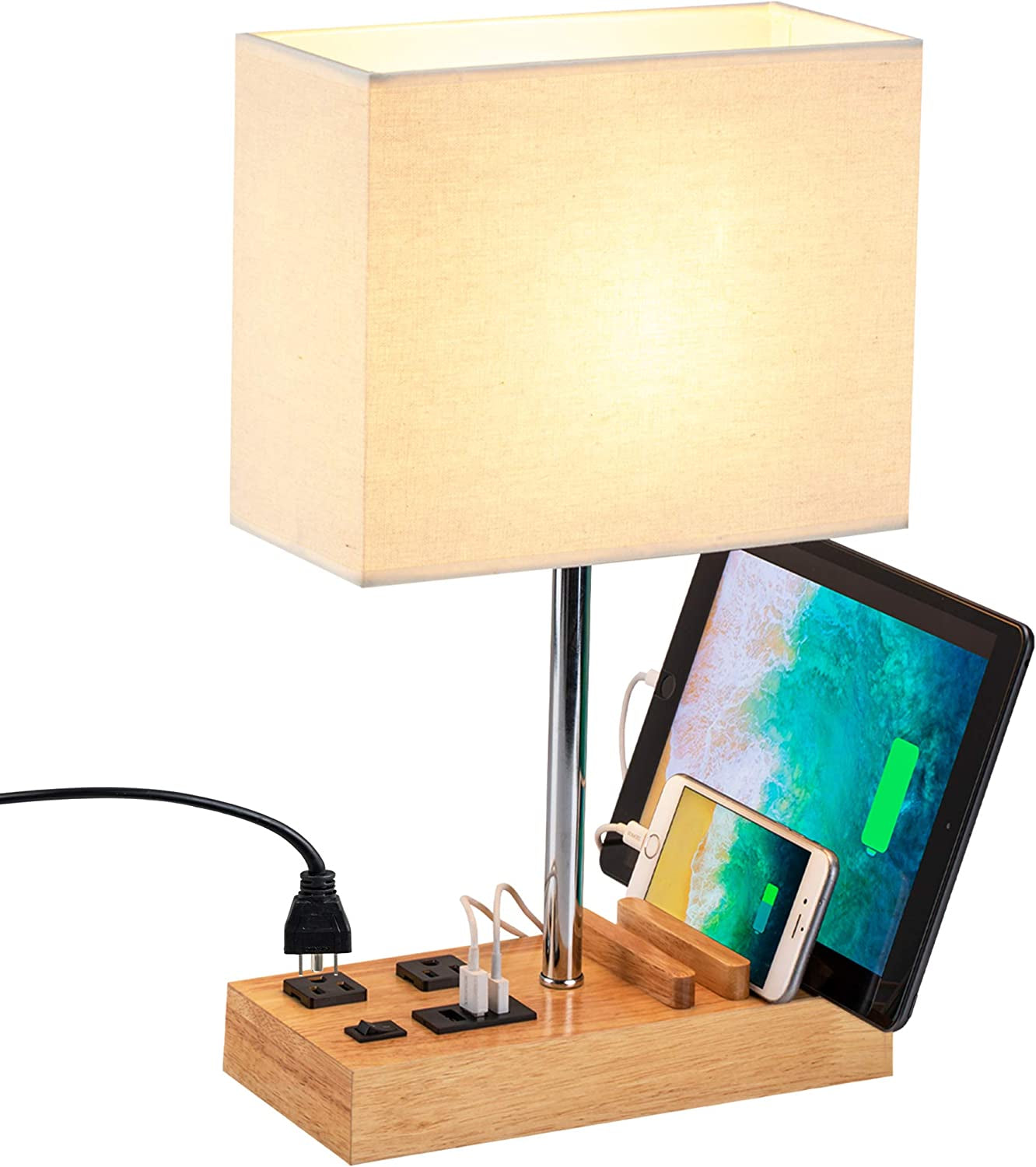 All-in-One Desk Lamp with USB Charging, AC Power, Device Holders & Natural Wooden Base for Modern Décor