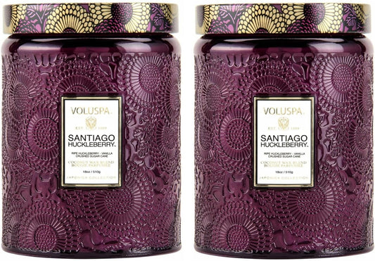 Set of 2 Voluspa Santiago Huckleberry Large Embossed Glass Jar Candle (18 oz)